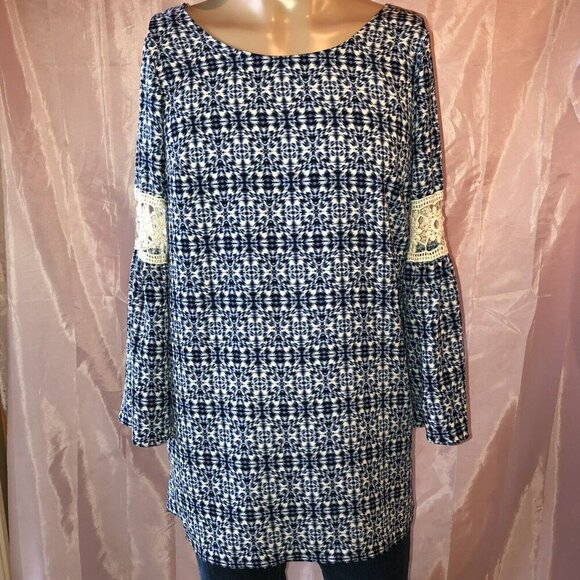 ING Blue White Tunic Top Dress Size Small S Bell Sleeves Scoop Neck - Picture 2 of 11